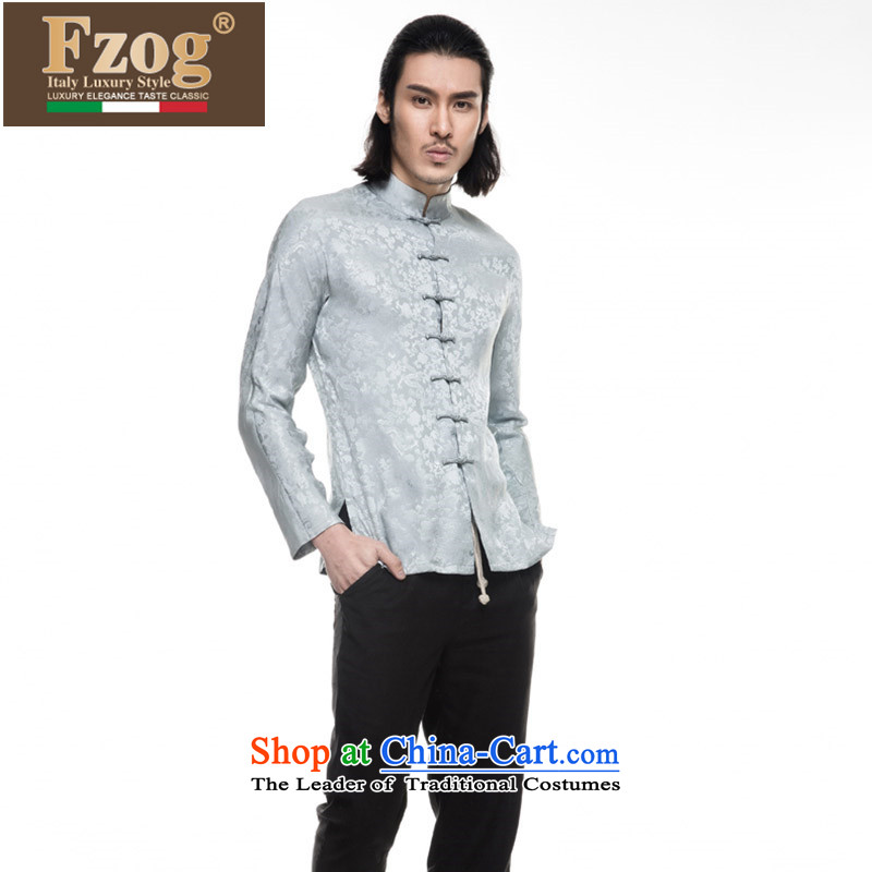 Phaedo grid autumn FZOG/ New China wind silk Men's Mock-Neck embroidering a dial-long-sleeved Tang dynasty and light blue L,fzog,,, shopping on the Internet