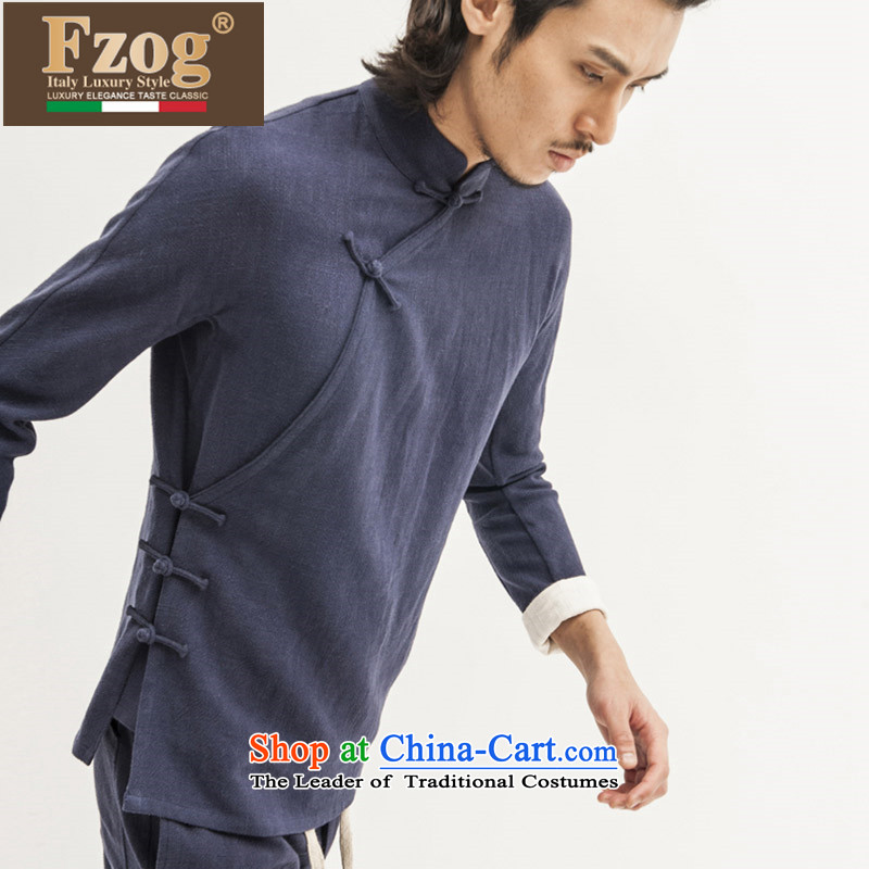 Phaedo of China FZOG/ wind asymmetric cotton linen cheongsams pure color wild collar up long-sleeved blouses and detained Blue L,fzog,,, shopping on the Internet