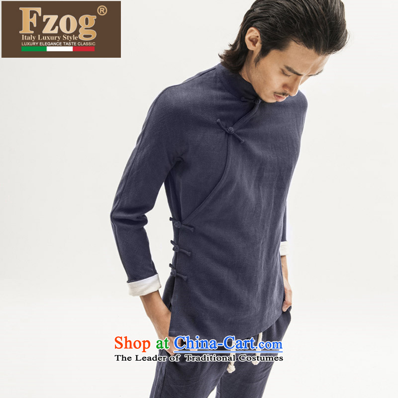 Phaedo of China FZOG/ wind asymmetric cotton linen cheongsams pure color wild collar up long-sleeved blouses and detained Blue L,fzog,,, shopping on the Internet