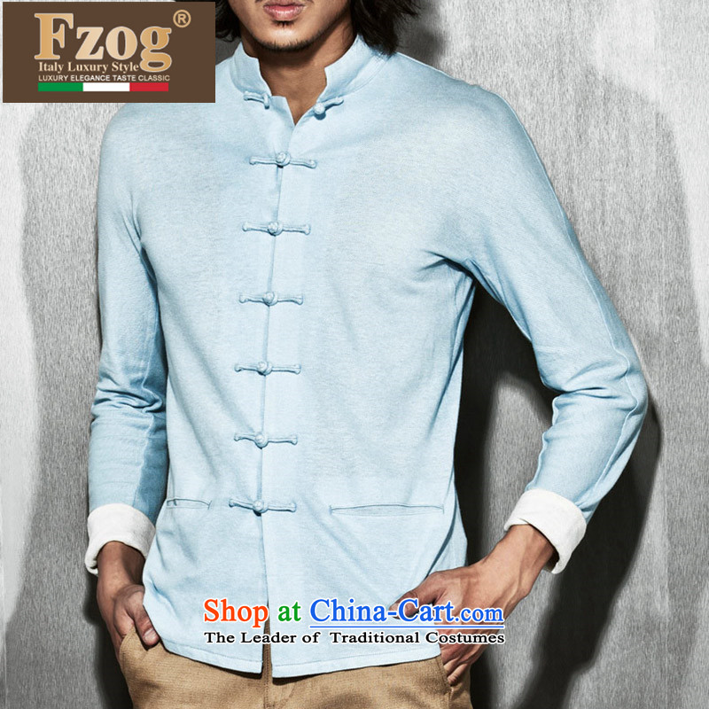 Phaedo of China FZOG/ wind minimalist collar slotted pan detained men pure color on's long-sleeved TANG Sau San blue XL,FZOG,,, shopping on the Internet