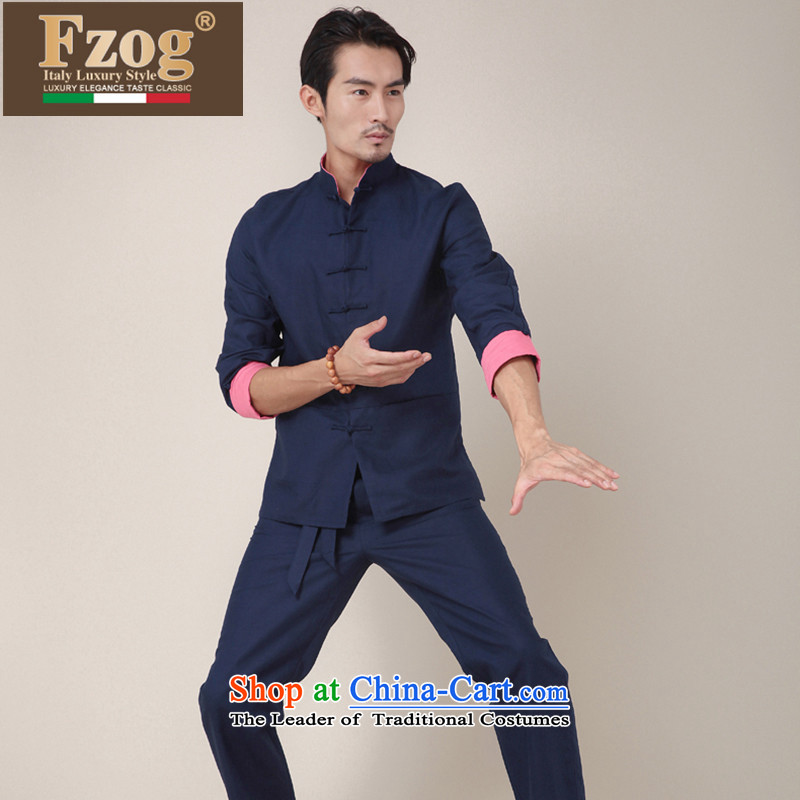 Phaedo of China FZOG/ wind Tang dynasty practice suits against his breast collar long-sleeved tray clip pure color leisure Tang blouses blue XL,FZOG,,, shopping on the Internet