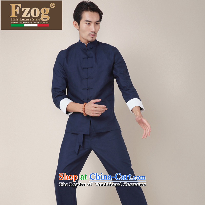 Phaedo of China FZOG/ wind Tang dynasty practice suits against his breast collar long-sleeved tray clip pure color leisure Tang blouses blue XL,FZOG,,, shopping on the Internet