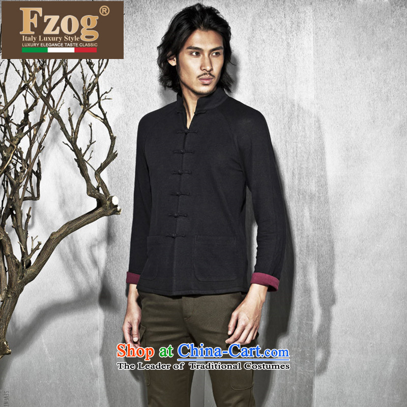 Phaedo grid autumn FZOG/ new comfortable cotton linen Tang dynasty China wind Men's Mock-Neck pure color Chinese Disc buttoned, black XL,FZOG,,, shopping on the Internet
