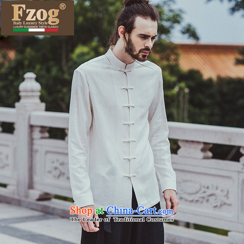 Phaedo of China FZOG_ wind stereo disc from the solid color clip iron men youth Long-sleeve leisure Tang dynasty white M
