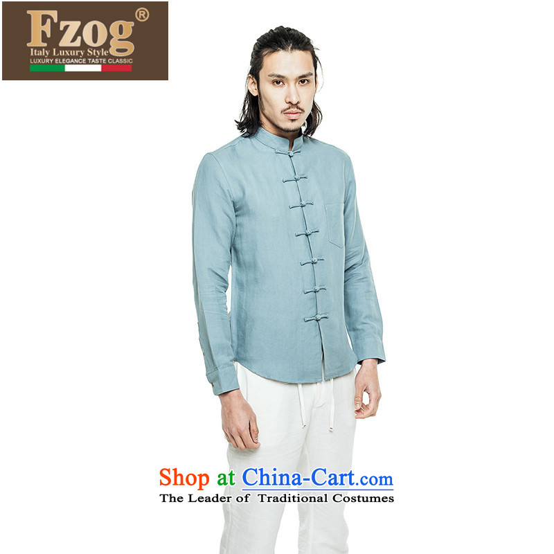 Phaedo of FZOG/ elegance temperament leisure Men's Mock-Neck China wind up the clip cotton linen solid color long-sleeved blue S,fzog,,, Tang dynasty and shopping on the Internet