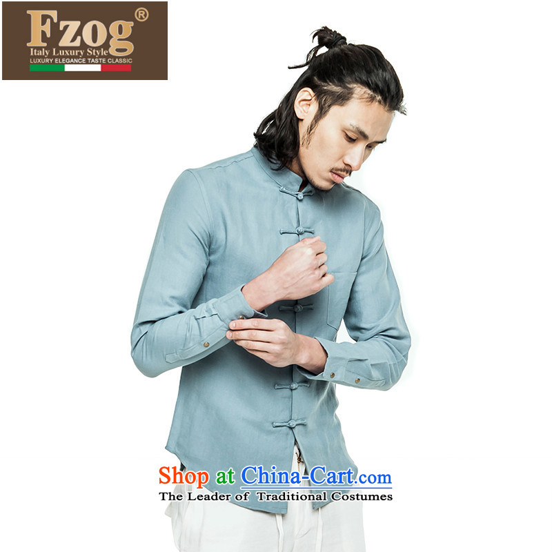 Phaedo of FZOG/ elegance temperament leisure Men's Mock-Neck China wind up the clip cotton linen solid color long-sleeved blue S,fzog,,, Tang dynasty and shopping on the Internet