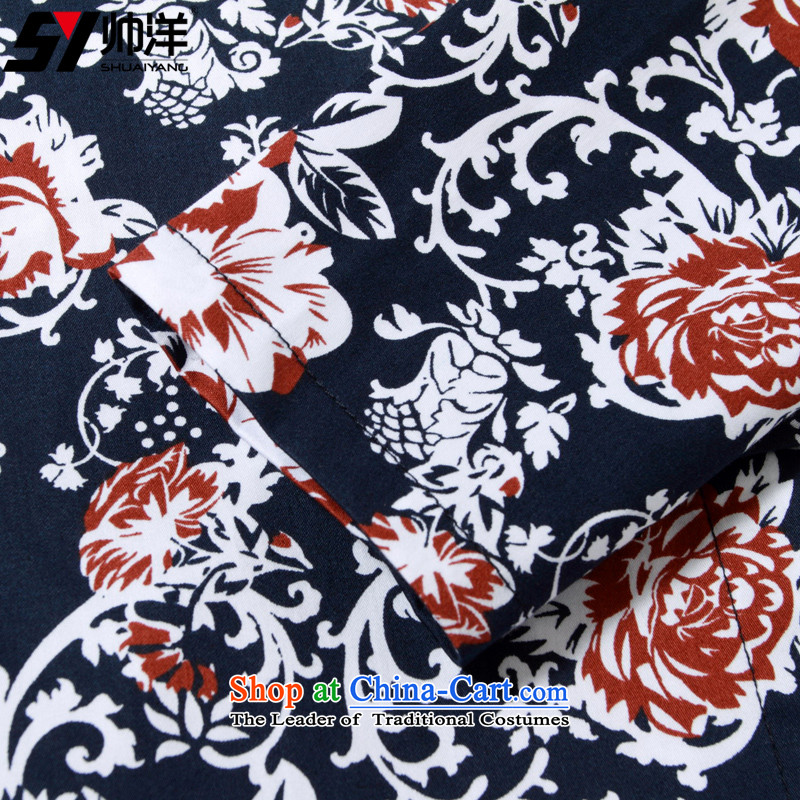 Install the latest Autumn Yang Shuai) Men long-sleeved shirt with TANG Sau San Mock-neck Chinese Antique men China wind cotton shirt manually tray snap stamp navy 185 (Shuai SHUAIYANG) , , , shopping on the Internet