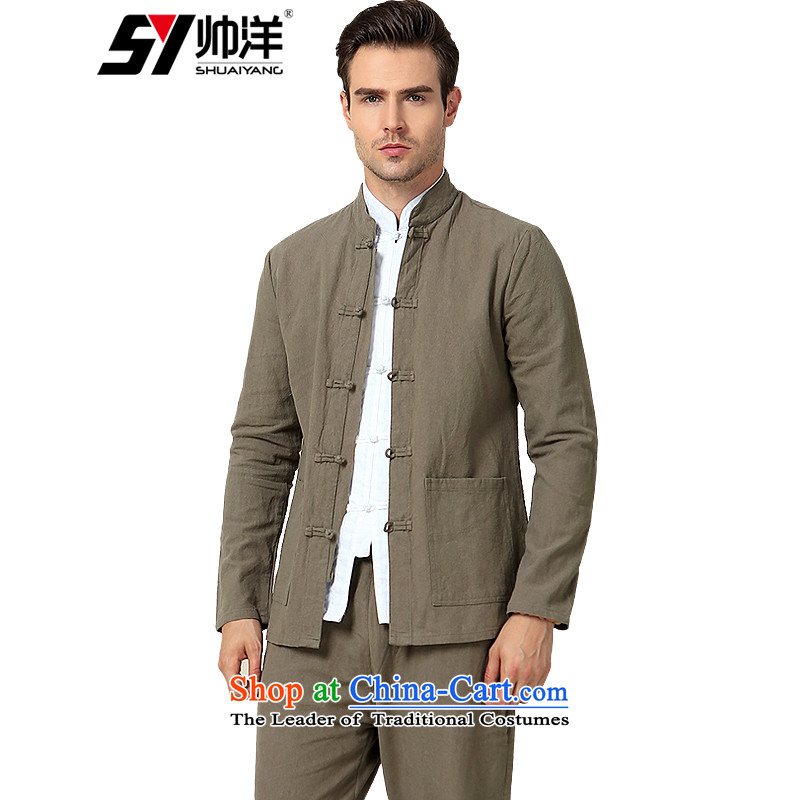 New cotton linen Sau San Tong load men kit plus long-sleeved shirt trousers set of China wind collar Chinese men detained retro slow disk load life long-sleeved color _pickled long pants_ 180