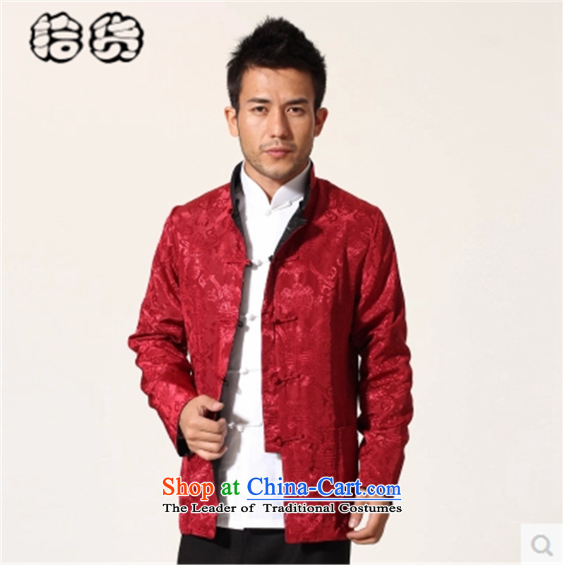 Pick the new 2015 Autumn upscale Tang Dynasty Chinese Men's Mock-Neck Large Tang dynasty emulation silk silk male jacket retro dragon design Han-sided wearing blue and yellow 175 pickup (shihuo) , , , shopping on the Internet