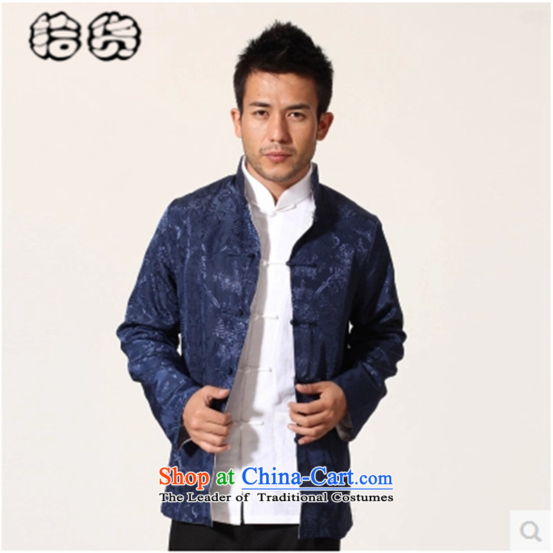 Pick the new 2015 Autumn upscale Tang Dynasty Chinese Men's Mock-Neck Large Tang dynasty emulation silk silk male jacket retro dragon design Han-sided wearing blue and yellow 175 pickup (shihuo) , , , shopping on the Internet