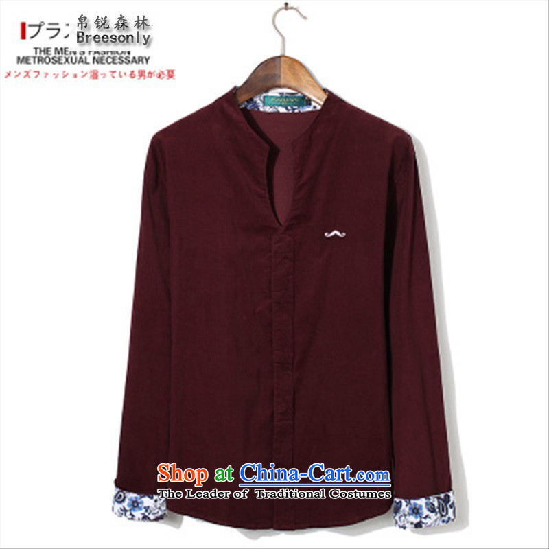 8Vpro Forest _breesonly_ national costumes men in the Netherlands V-neck to intensify the stylish corduroy long-sleeved shirt and wine red 5XL